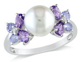White Freshwater Cultured Pearl 8-8.5mm with Diamond and Tanzanite and Amethyst Ring In Sterling Silver